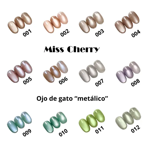 Esmalte en Gel "Ojo de Gato Metálico Miss Cherry" – Colección de 12 Tonos Metálicos (10 ml)